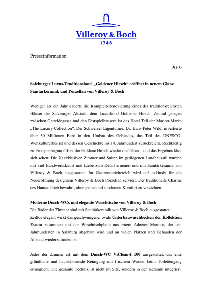 Salzburger Luxus-Traditionshotel „Goldener Hirsch“ eröffnet in neuem Glanz - Sanitärkeramik und Porzellan von Villeroy & Boch