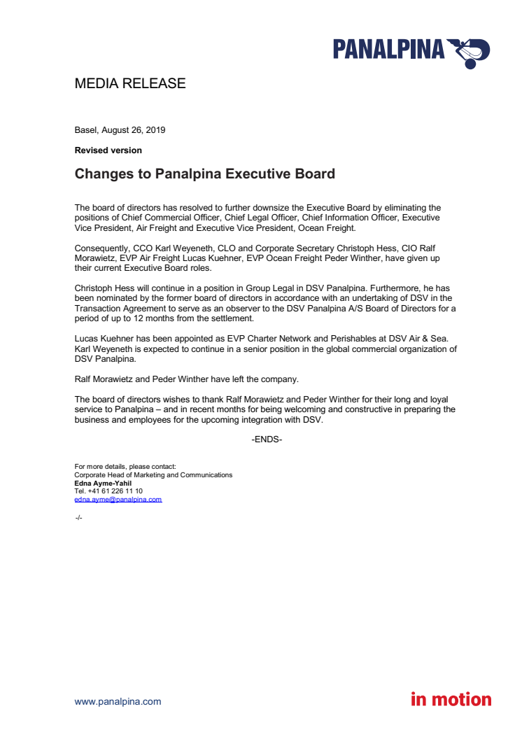 Changes to Panalpina Executive Board (Revised)
