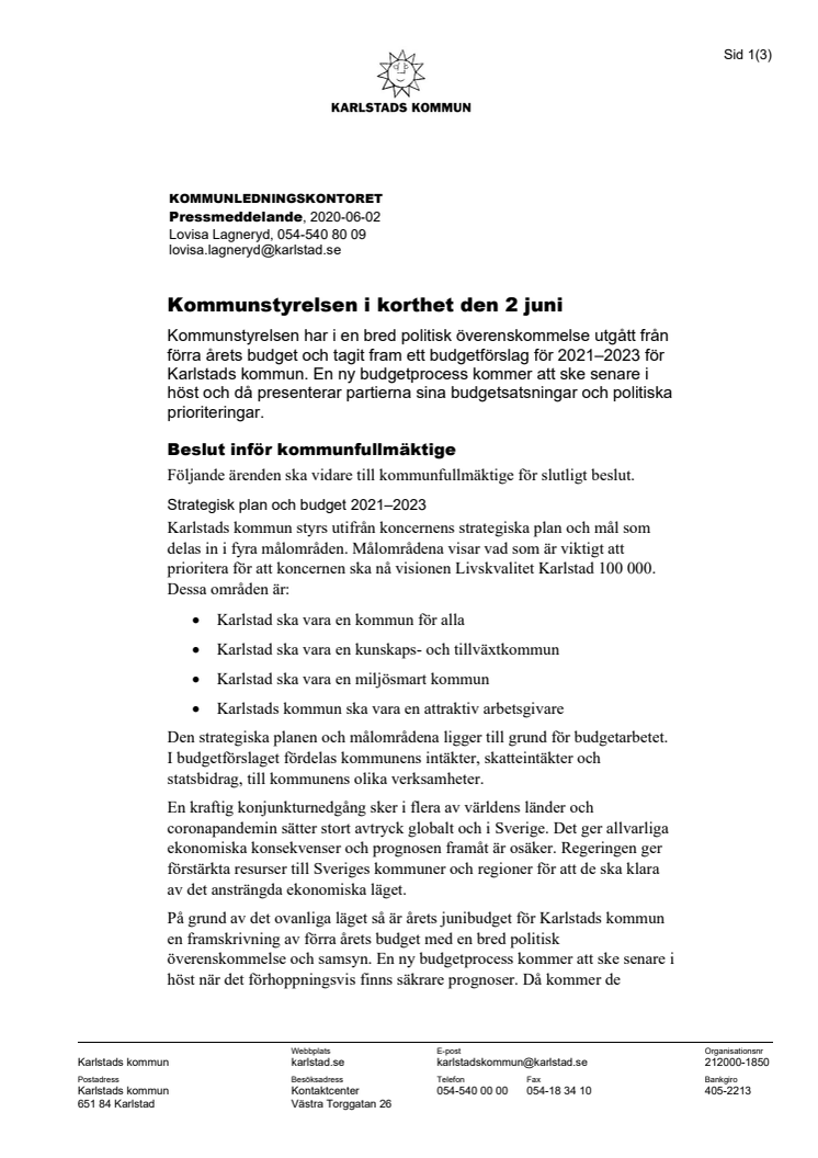 Kommunstyrelsen i korthet den 2 juni