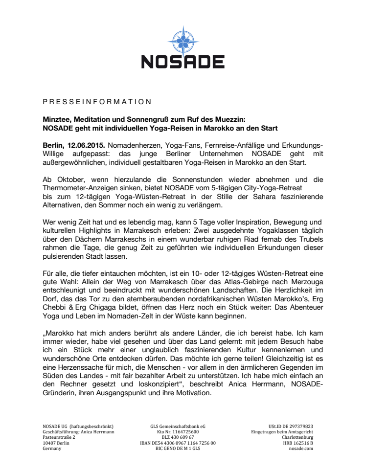 Minztee, Meditation und Sonnengruß zum Ruf des Muezzin: NOSADE geht mit individuellen Yoga-Reisen in Marokko an den Start
