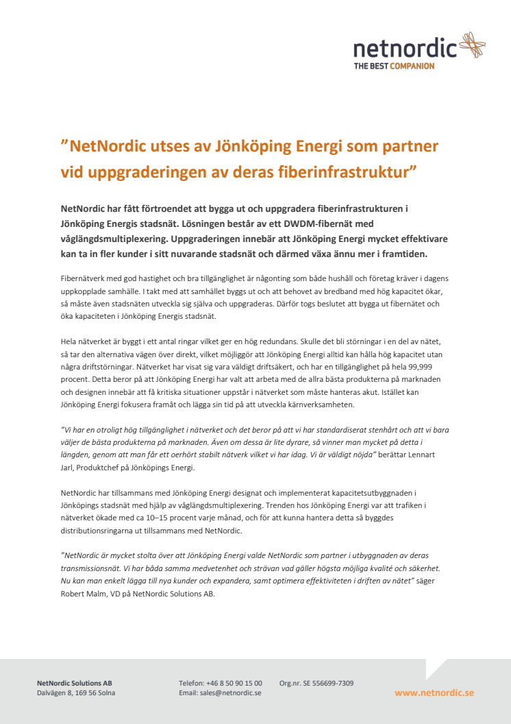 NetNordic utses av Jönköping Energi som partner vid uppgraderingen av deras fiberinfrastruktur