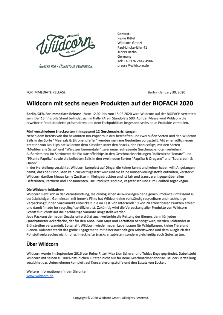 Wildcorn mit sechs neuen Produkten auf der BIOFACH 2020