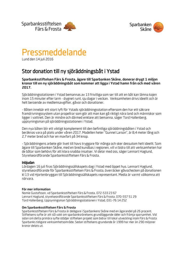 Stor donation till ny sjöräddningsbåt i Ystad