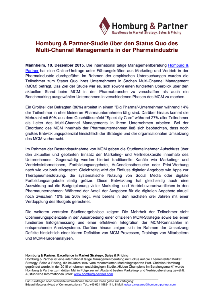 Homburg & Partner-Studie über den Status Quo des Multi-Channel Managements in der Pharmaindustrie