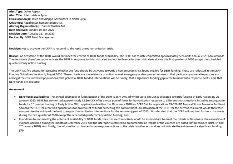 20-001-RO Idleb crisis in Syria_Crisis Alert (Fund Not Activated)