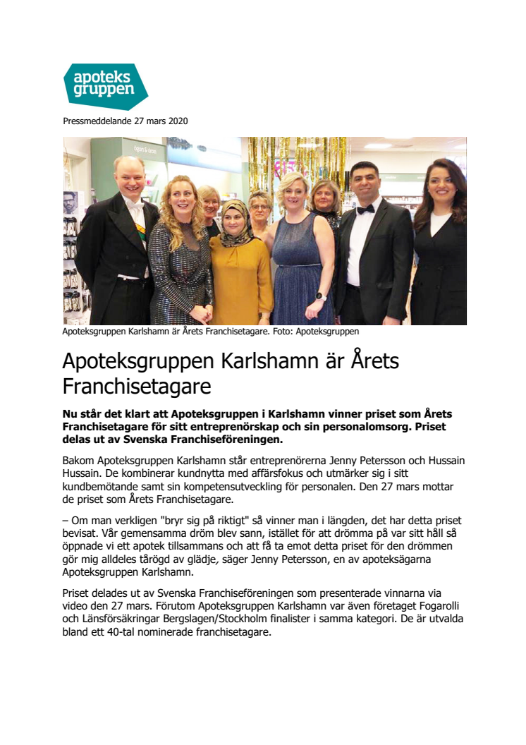 Apoteksgruppen Karlshamn är Årets Franchisetagare 