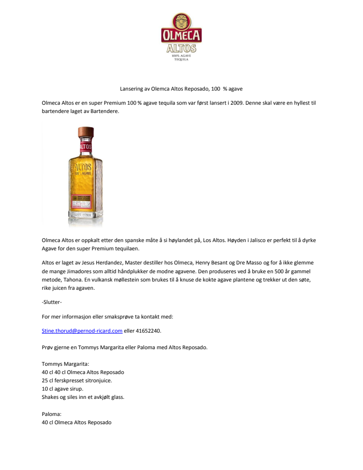 Olmeca Altos Reposado 100 % Agave lanseres i Norge