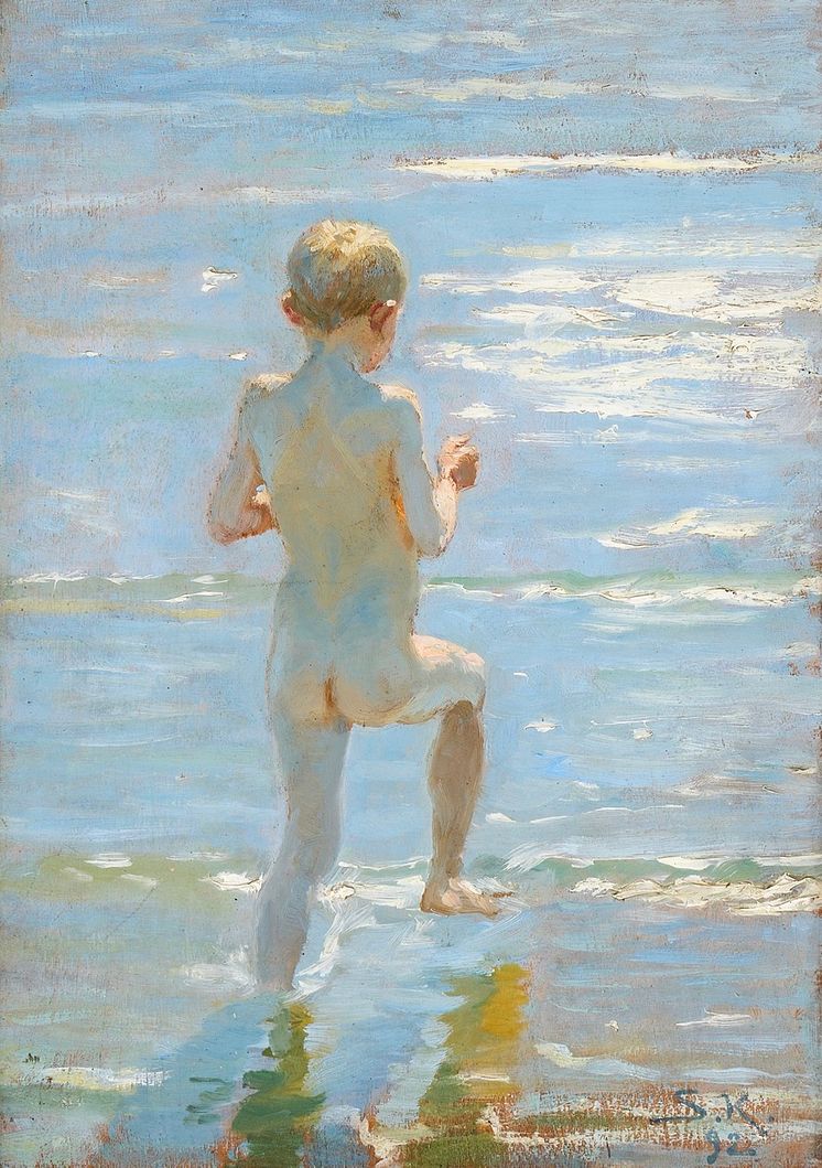 P. S. Krøyer- "Nøgen dreng, set bagfra, i trampende løb lidt ud i vandet." Sign. S K. 92. Olie på træ. 32,5 x 22,5.jpeg