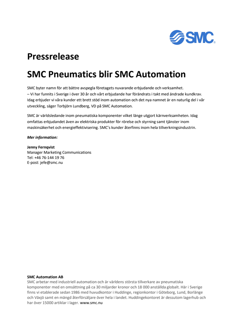 SMC Pneumatics blir SMC Automation