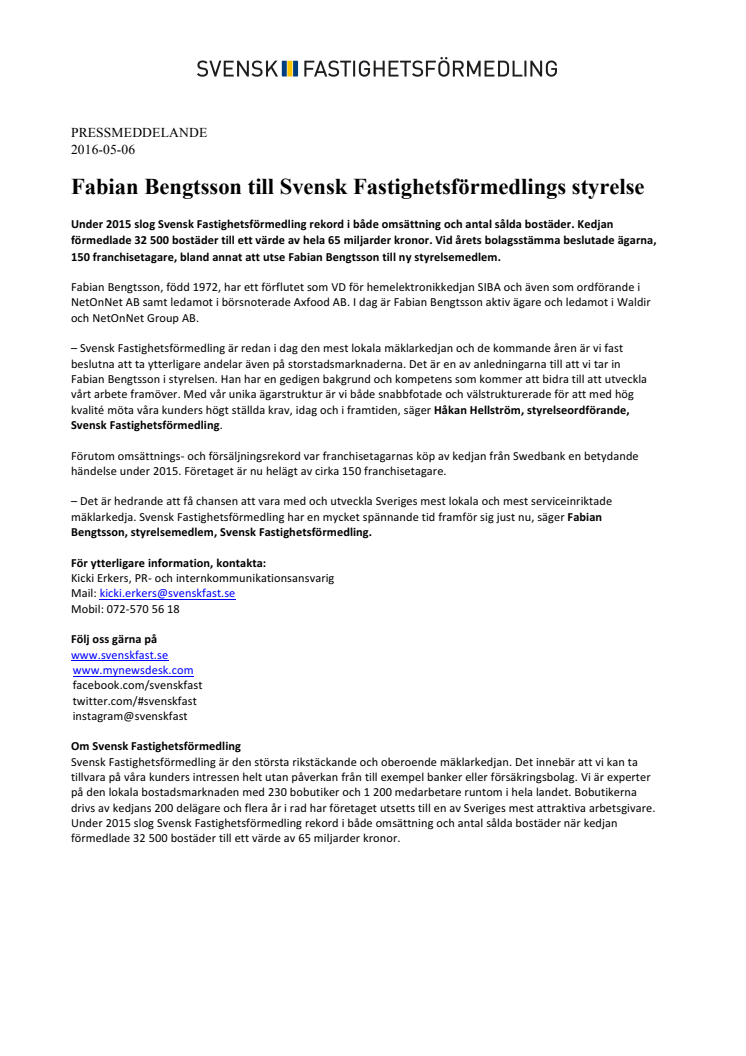 Fabian Bengtsson till Svensk Fastighetsförmedlings styrelse 