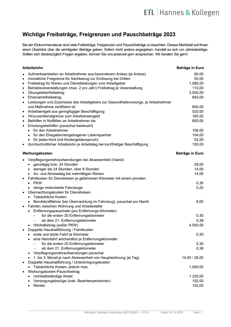 Wichtige Freibeträge, Freigrenzen und Pauschbeträge 2023