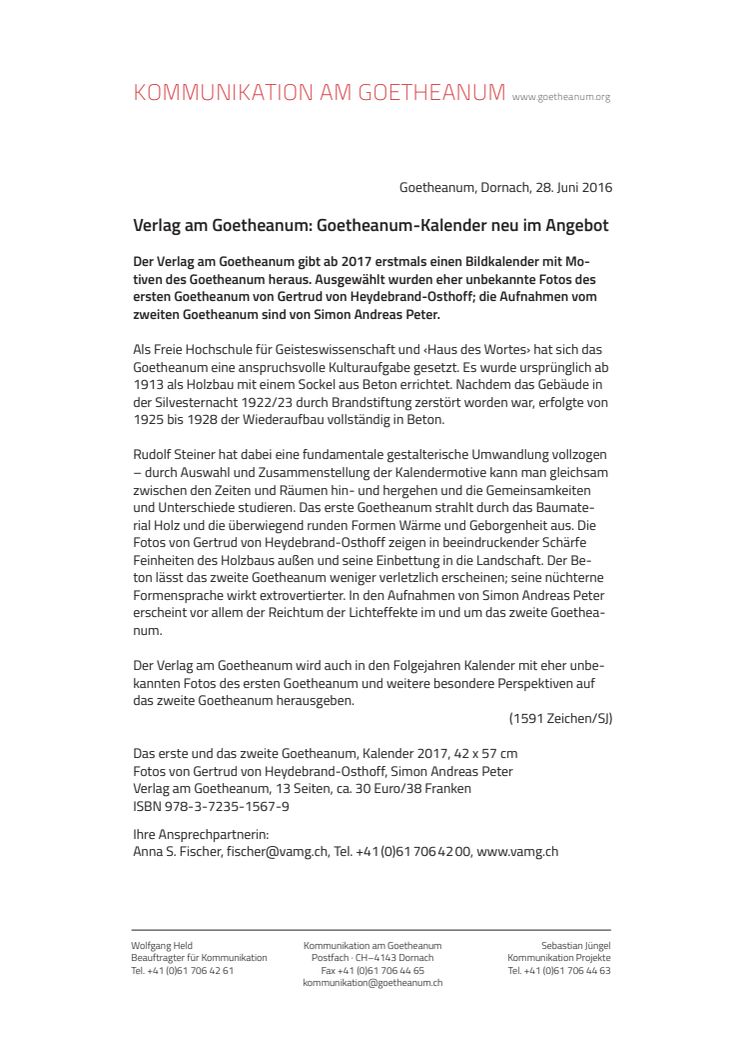 Verlag am Goetheanum: Goetheanum-Kalender neu im Angebot