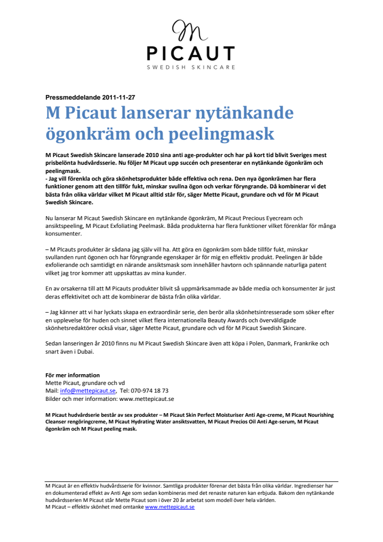 M Picaut lanserar nytänkande ögonkräm och peelingmask