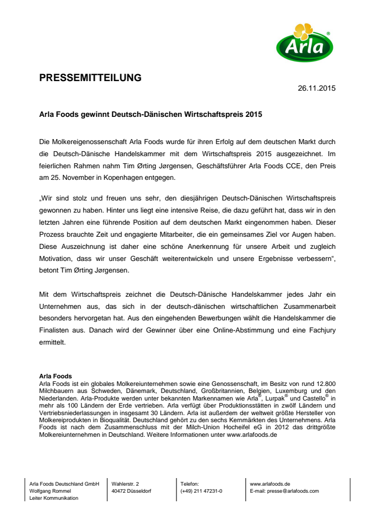 Arla Foods gewinnt Deutsch-Dänischen Wirtschaftspreis 2015