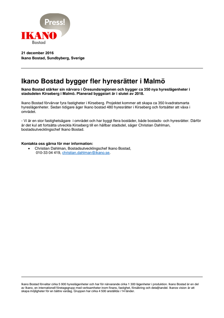 Ikano Bostad bygger fler hyresrätter i Malmö