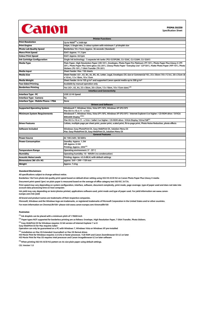 Teknisk specifikation Canon PIXMA iX6550