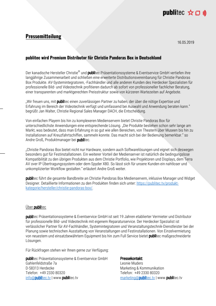 publitec wird Premium Distributor für Christie Pandoras Box in Deutschland