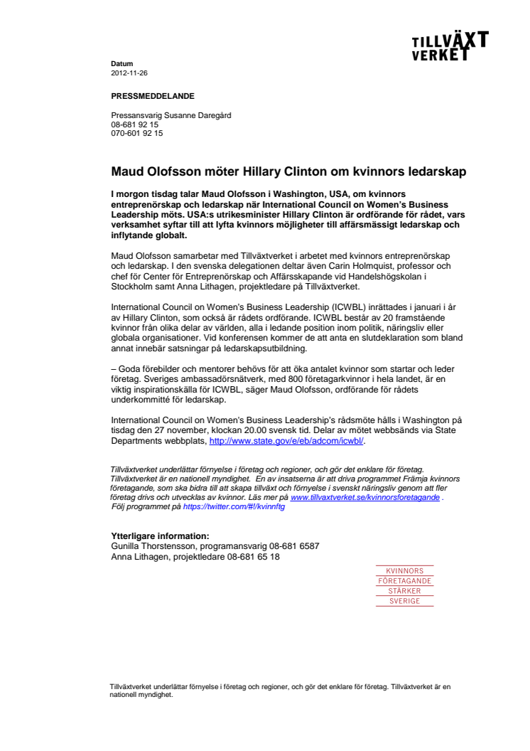Maud Olofsson möter Hillary Clinton om kvinnors ledarskap