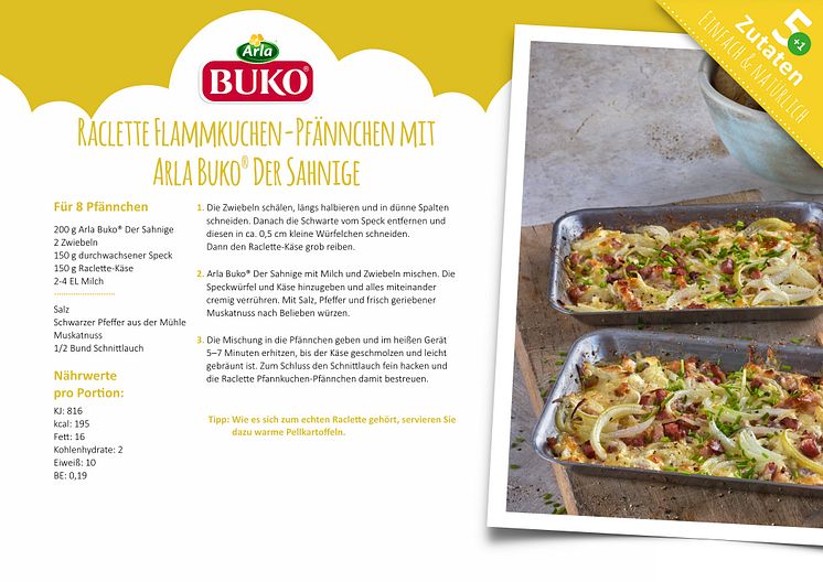 Rezeptkarte Raclette Flammkuchen Pfännchen mit Arla Buko® Der Sahnige