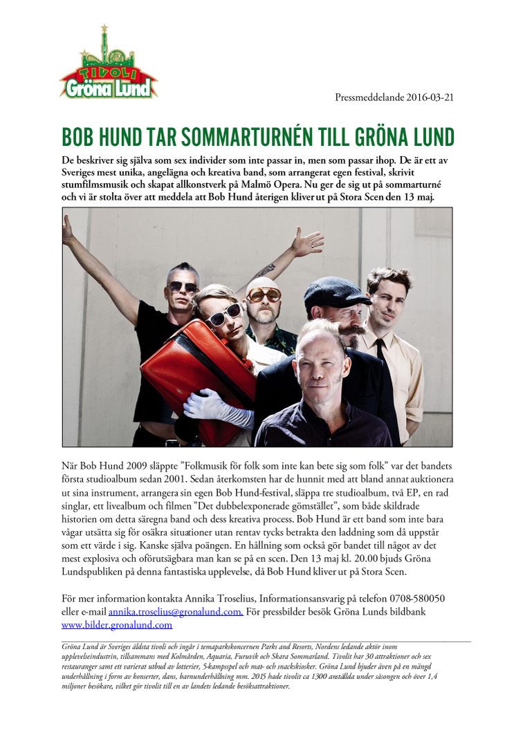 Bob Hund tar sommarturnén till Gröna Lund