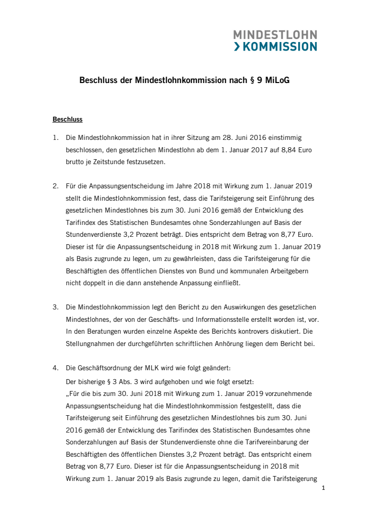 Mindestlohn-Kommission beschließt neuen Mindestlohn ab 01.01.2017