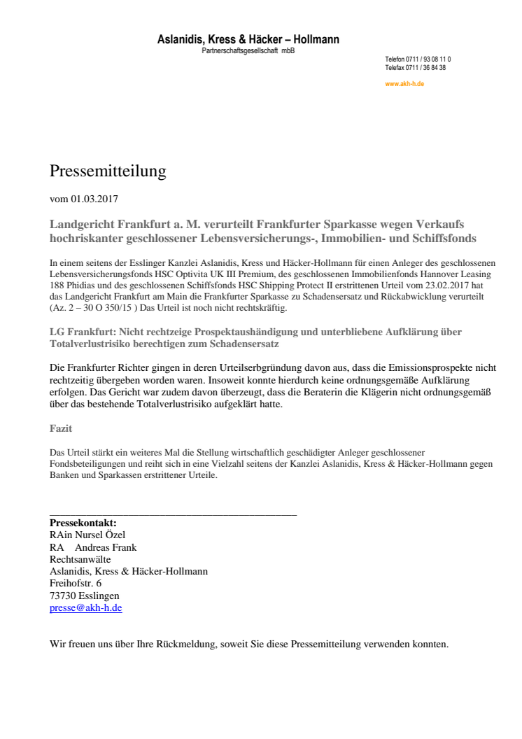 HSC Optivita UK III, Hannover Leasing 188 & HSC Shipping Protect II: LG Frankfurt verurteilt FraSpa