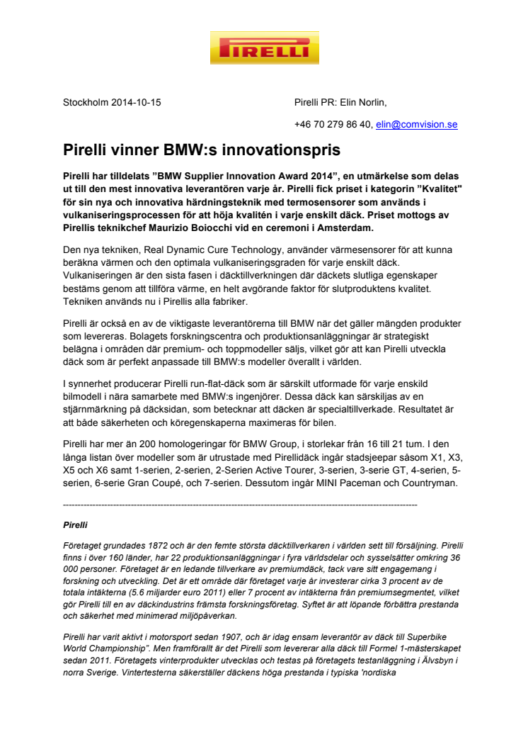 Pirelli vinner BMW:s innovationspris