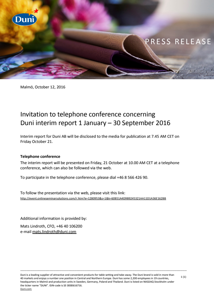 Invitation to telephone conference concerning Duni interim report 1 January – 30 September 2016