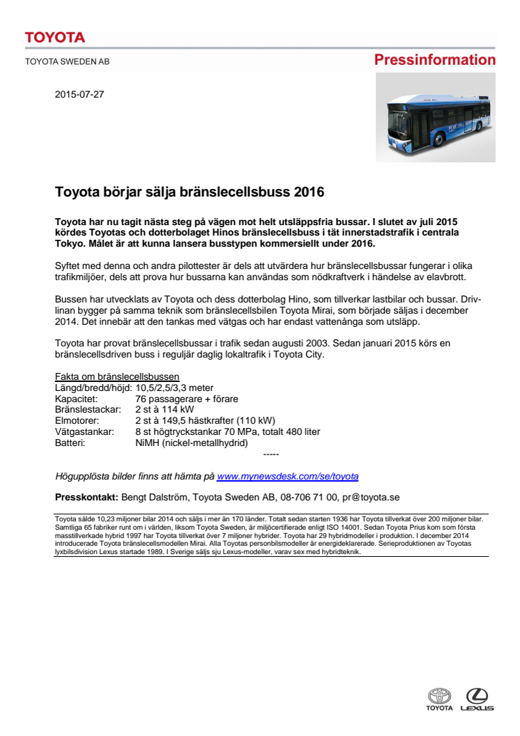 Toyota börjar sälja bränslecellsbuss 2016