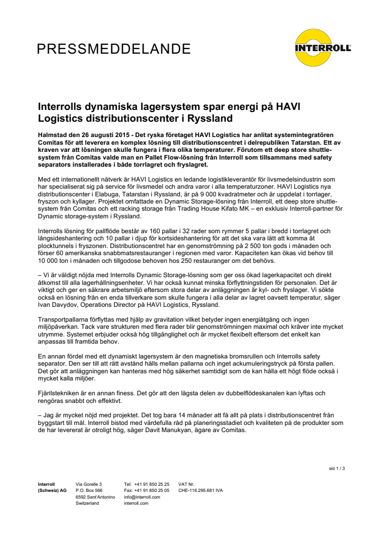 ​Interrolls dynamiska lagersystem spar energi på HAVI Logistics distributionscenter i Ryssland