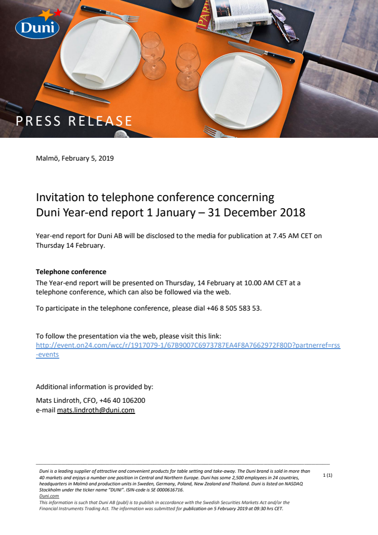 Invitation to telephone conference concerning  Duni Year-end report 1 January – 31 December 2018