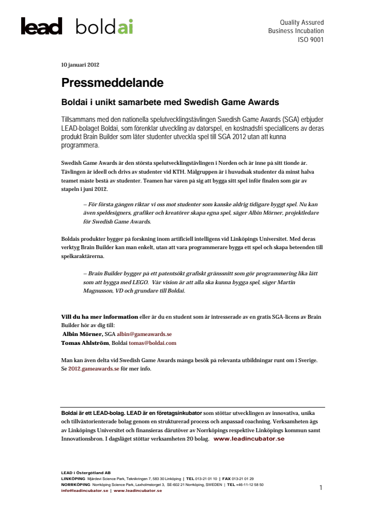 Boldai i unikt samarbete med Swedish Game Awards