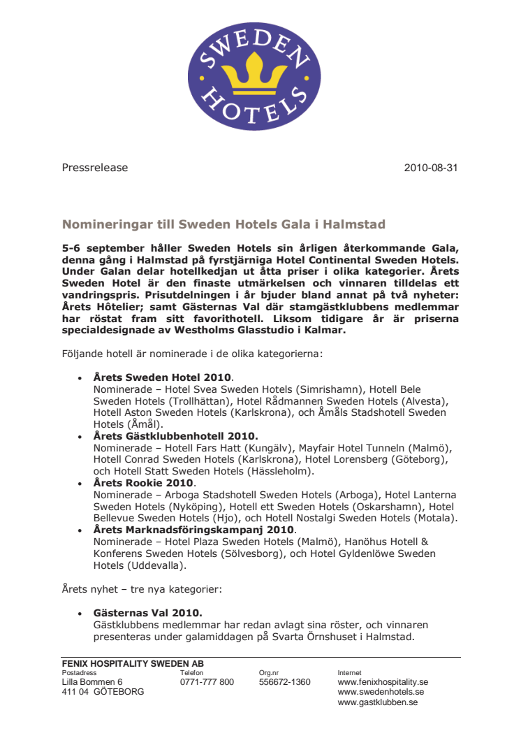 Nomineringar till Sweden Hotels Gala i Halmstad