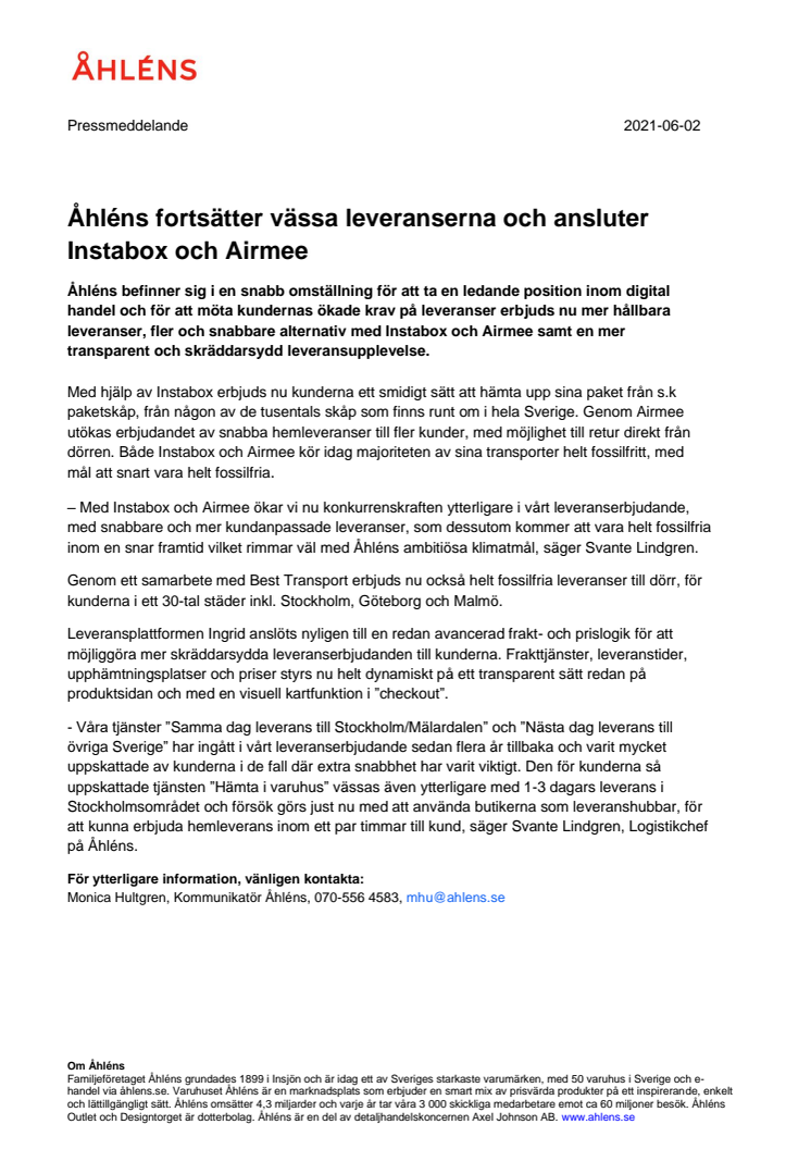 Åhléns fortsätter vässa leveranserna och ansluter Instabox och Airmee