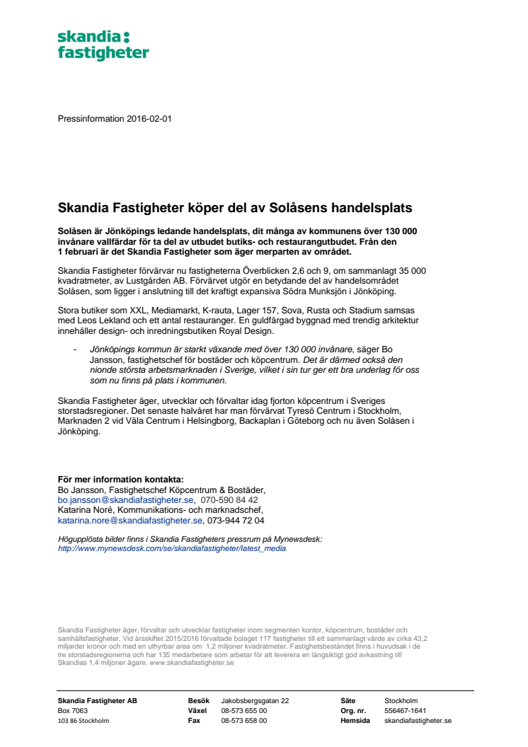 Skandia Fastigheter köper del av Solåsens handelsplats 