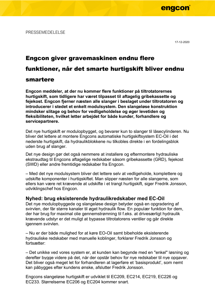 Engcon giver gravemaskinen endnu flere funktioner, når det smarte hurtigskift bliver endnu smartere