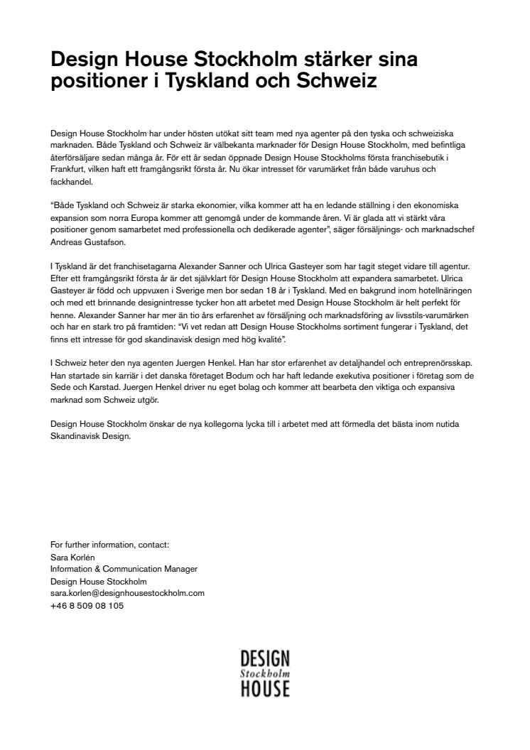 Design House Stockholm strengthens its positions in Germany and Switzerland