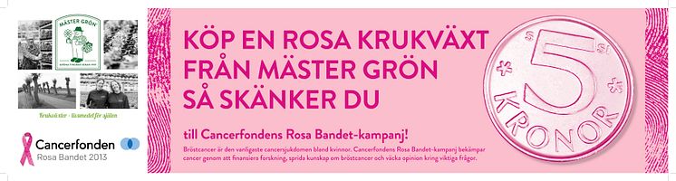 Köp en Rosa Krukväxt från Mäster Grön så bidrar du med 5 kronor till Cancerfondens Rosa Bandet-kampanj