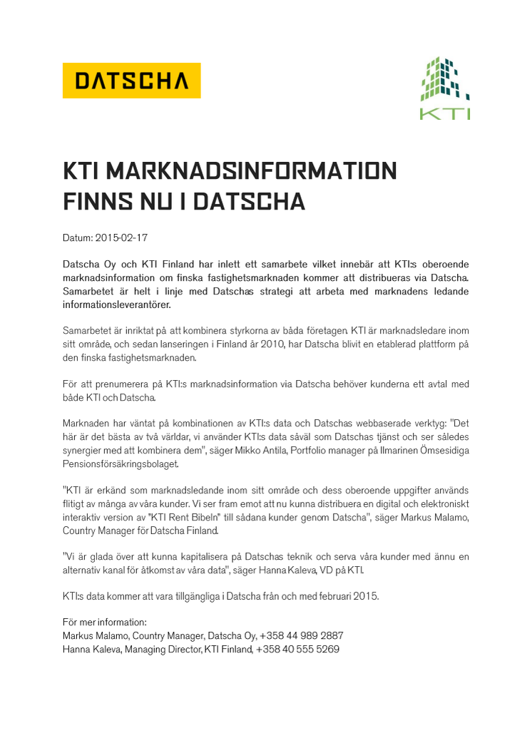 KTI marknadsinformation finns nu i Datscha