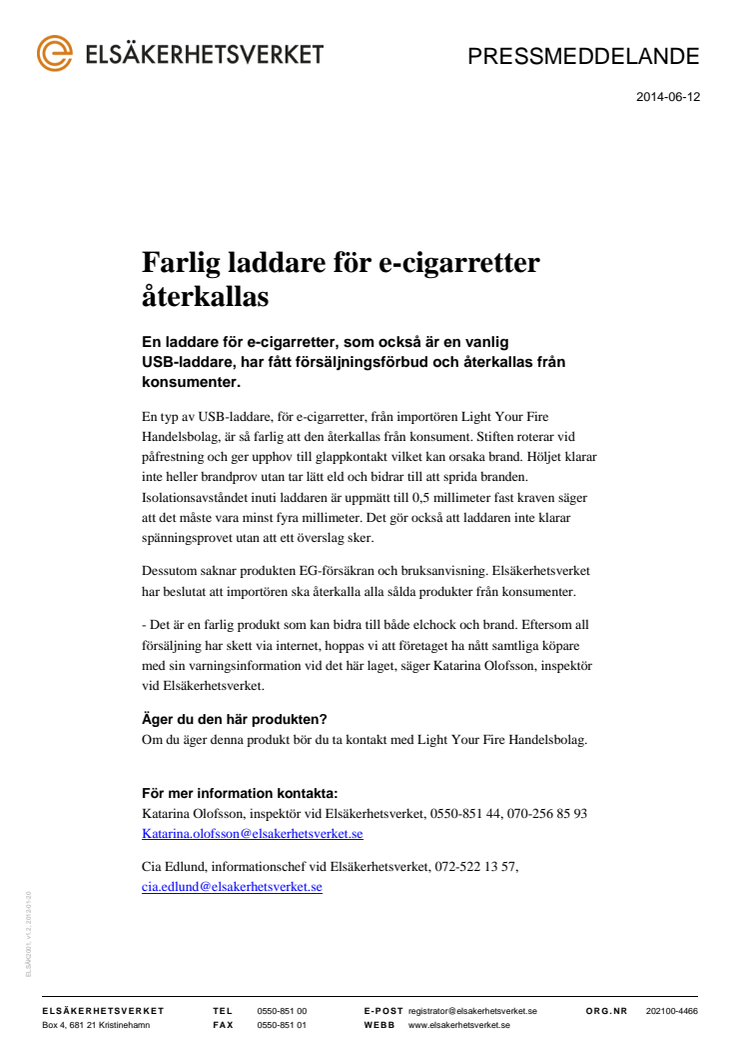 Farlig laddare för e-cigarretter återkallas 