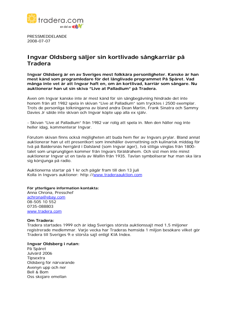 Ingvar Oldsberg säljer sin kortlivade sångkarriär på Tradera
