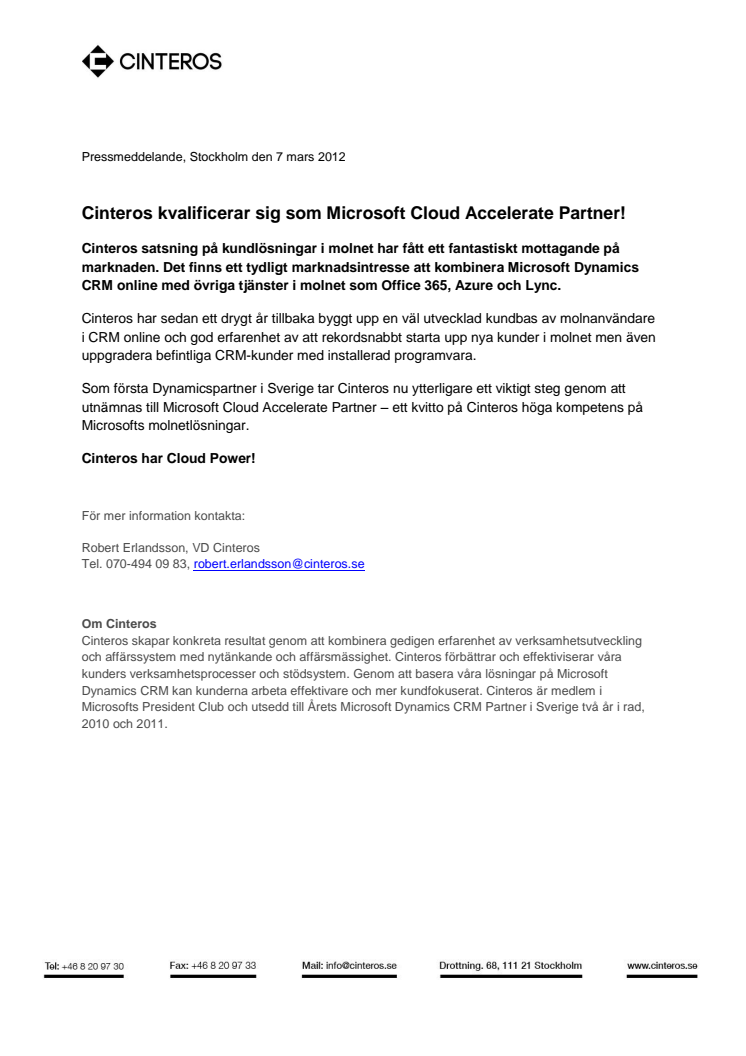 Cinteros kvalificerar sig som Microsoft Cloud Accelerate Partner! 