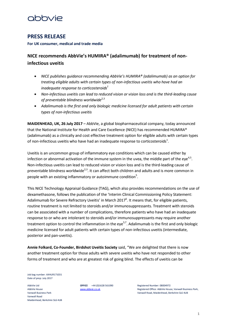 NICE recommends AbbVie’s HUMIRA® (adalimumab) for treatment of non-infectious uveitis