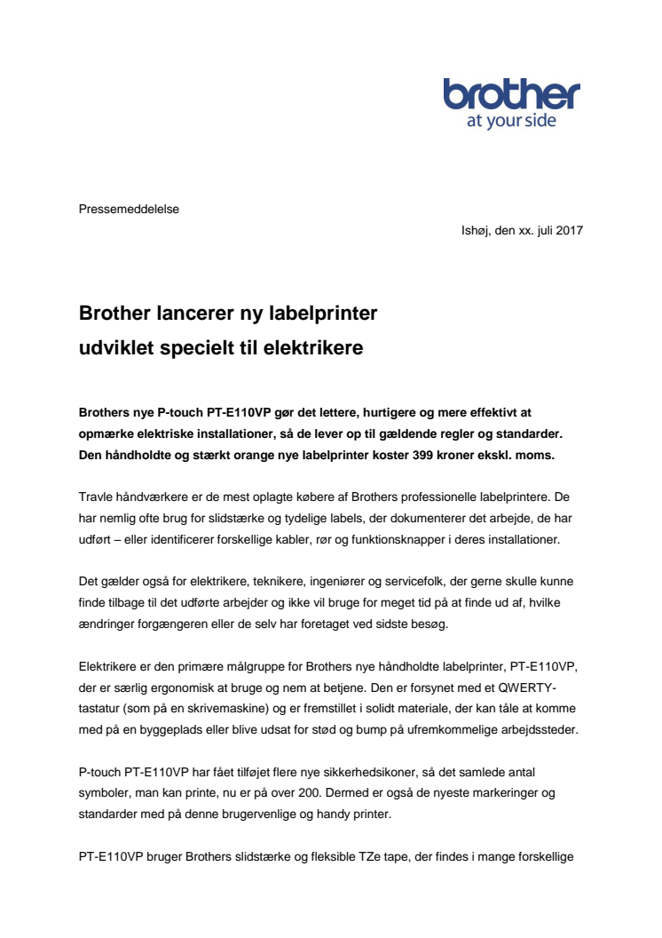 Brother lancerer ny labelprinter udviklet specielt til elektrikere