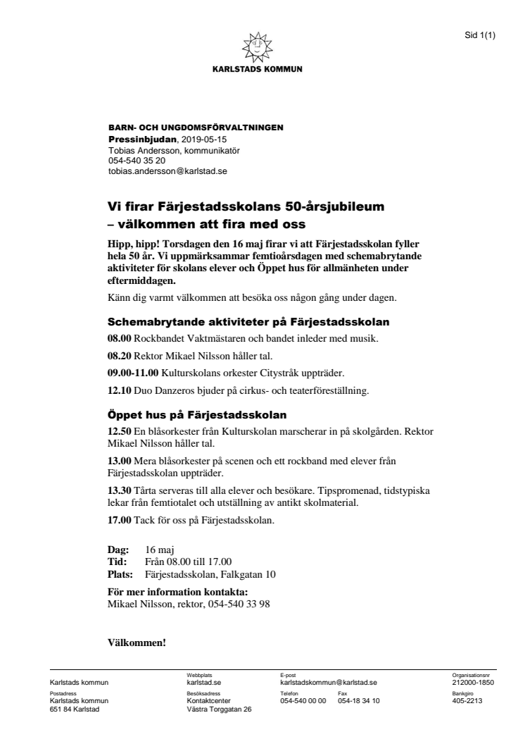 Pressinbjudan: Vi firar Färjestadsskolans 50-årsjubileum – välkommen att fira med oss