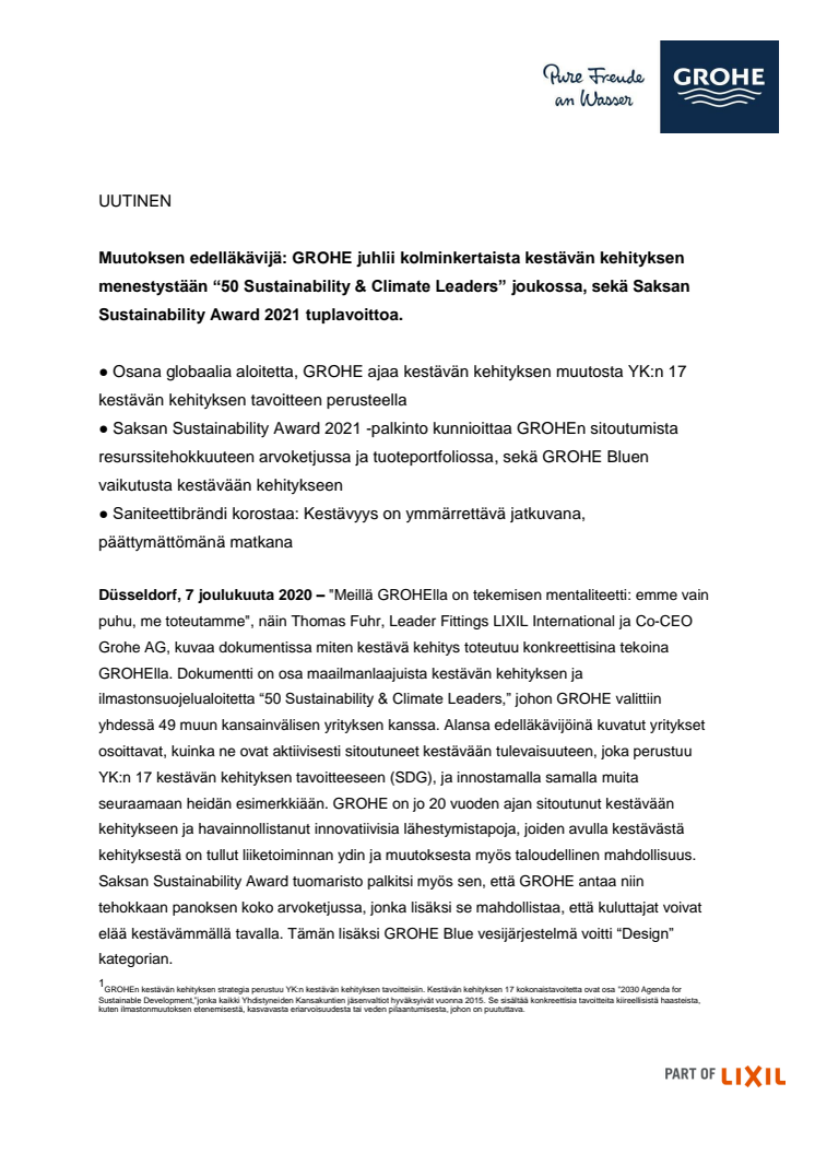 Muutoksen edelläkävijä: GROHE juhlii kolminkertaista kestävän kehityksen menestystään “50 Sustainability & Climate Leaders” joukossa, sekä Saksan Sustainability Award 2021 tuplavoittoa