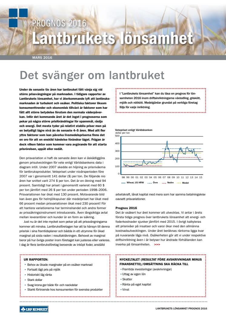 Lantbrukets lönsamhet - våren 2016