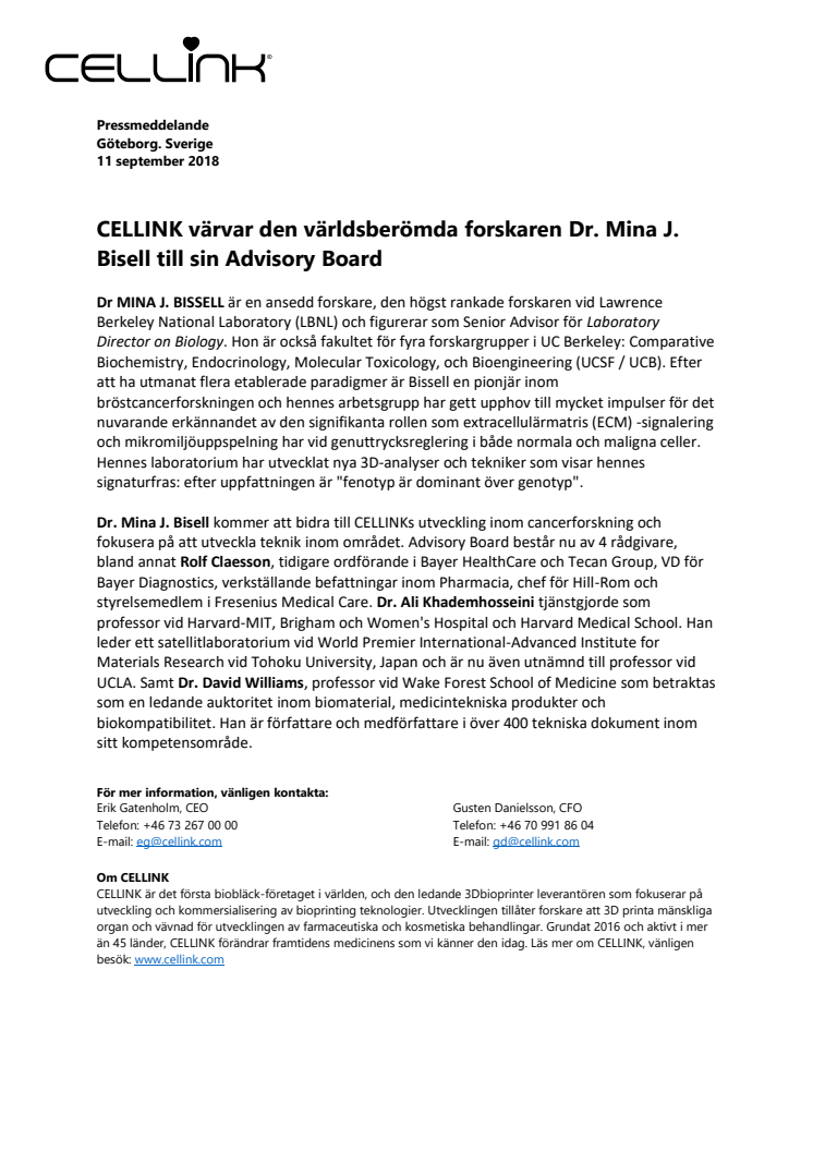 CELLINK värvar den världsberömda forskaren Dr. Mina J. Bissell till sin Advisory Board