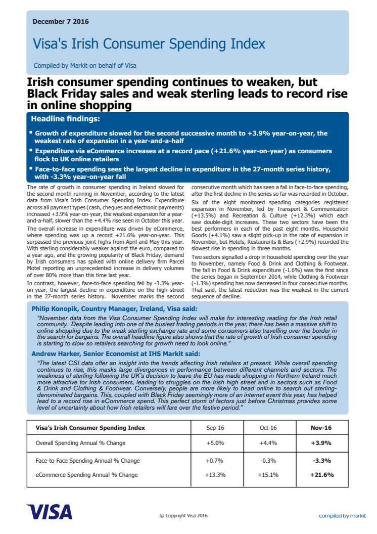 Irish consumer spending continues to weaken, but Black Friday sales and weak sterling leads to record rise in online shopping