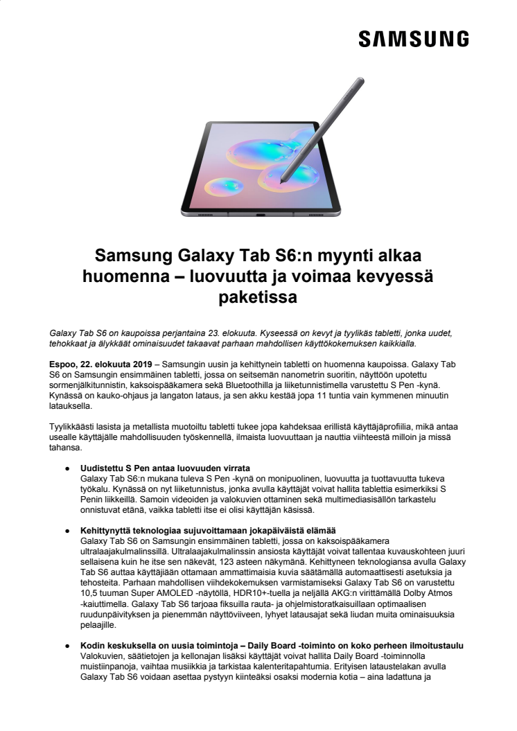 Samsung Galaxy Tab S6:n myynti alkaa huomenna – luovuutta ja voimaa kevyessä paketissa